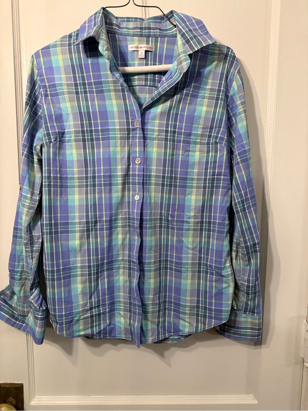 Peter Millar Blue & Aqua Plaid Short-Sleeve Button Shirt